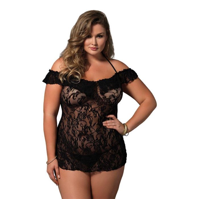 LEG AVENUE BLONDECHEMISE MED BARE SKULDRE OG FLÆSER - PLUSSIZE