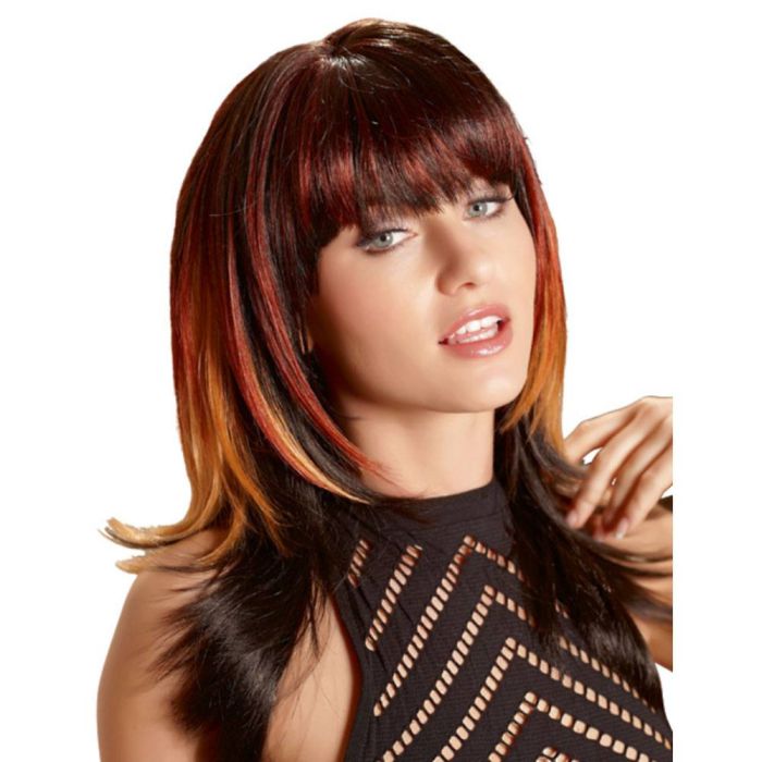 Sort paryk med røde og blonde striber
